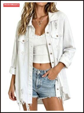 Distressed Denim Jacket Ripped Raw Hem Button Down Jean Coat